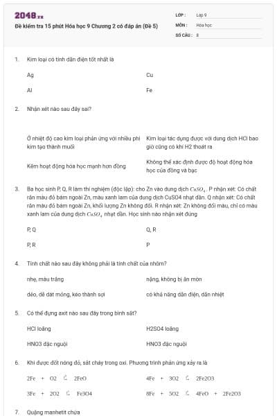 Đề kiểm tra 15 phút Hóa học 9 Chương 2 có đáp án (Đề 5)