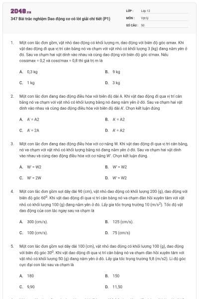 347 Bài trắc nghiệm Dao động cơ có lời giải chi tiết (P1)