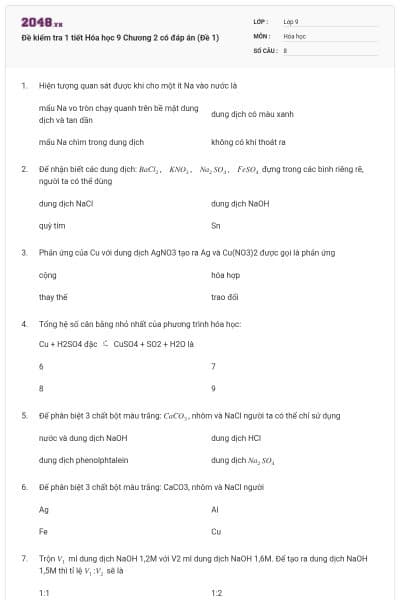 Đề kiểm tra 1 tiết Hóa học 9 Chương 2 có đáp án (Đề 1)