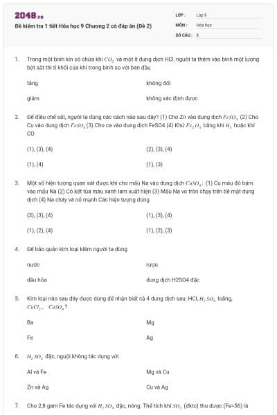 Đề kiểm tra 1 tiết Hóa học 9 Chương 2 có đáp án (Đề 2)