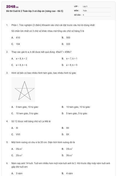Đề thi Cuối kì 2 Toán lớp 3 có đáp án (nâng cao - Đề 5)