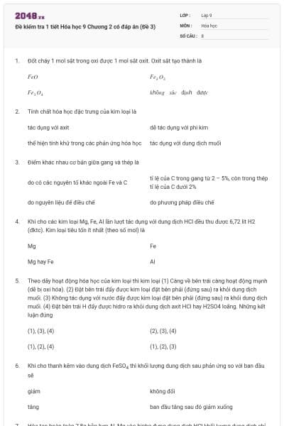 Đề kiểm tra 1 tiết Hóa học 9 Chương 2 có đáp án (Đề 3)