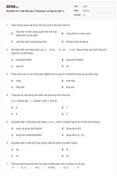 Đề kiểm tra 1 tiết Hóa học 9 Chương 2 có đáp án (Đề 1)