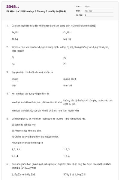 Đề kiểm tra 1 tiết Hóa học 9 Chương 2 có đáp án (Đề 4)