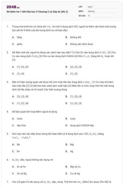 Đề kiểm tra 1 tiết Hóa học 9 Chương 2 có đáp án (Đề 2)