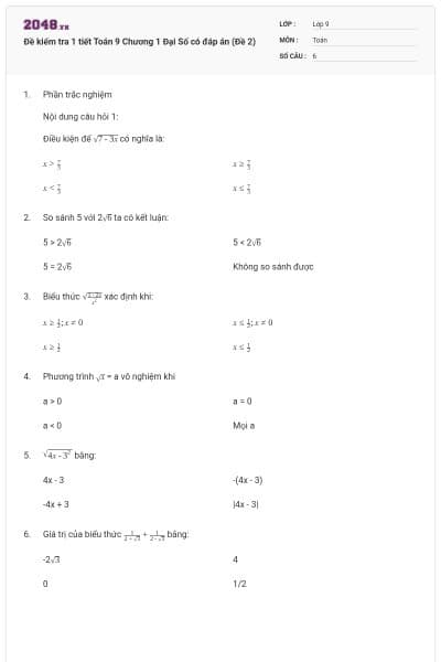 Đề kiểm tra 1 tiết Toán 9 Chương 1 Đại Số có đáp án (Đề 2)