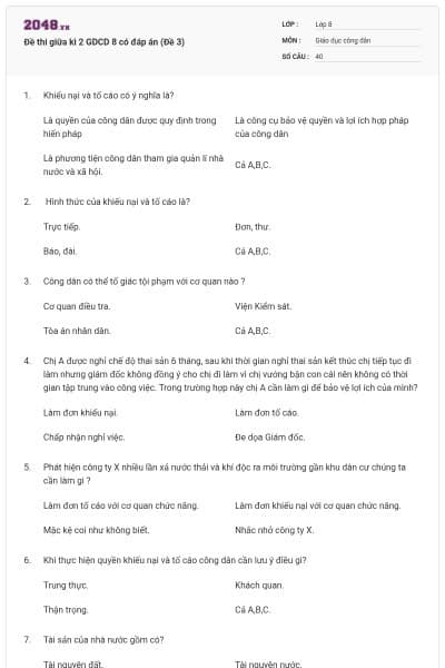 Đề thi giữa kì 2 GDCD 8 có đáp án (Đề 3)