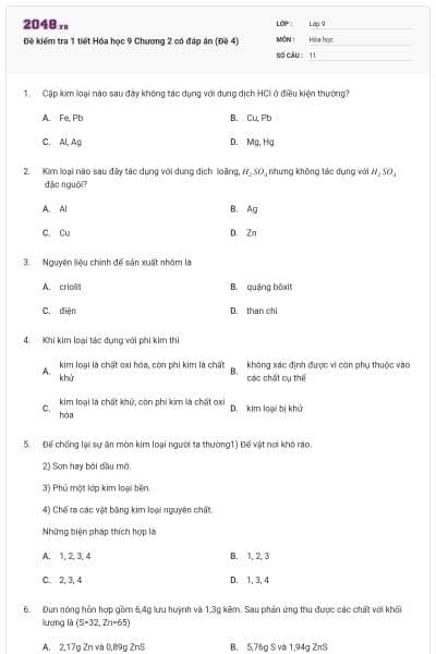 Đề kiểm tra 1 tiết Hóa học 9 Chương 2 có đáp án (Đề 4)