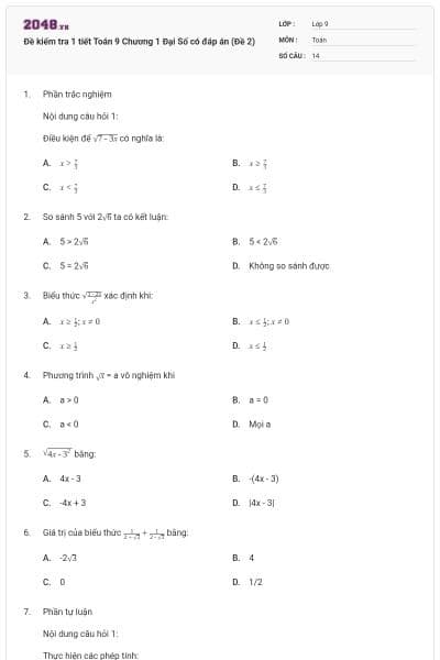 Đề kiểm tra 1 tiết Toán 9 Chương 1 Đại Số có đáp án (Đề 2)