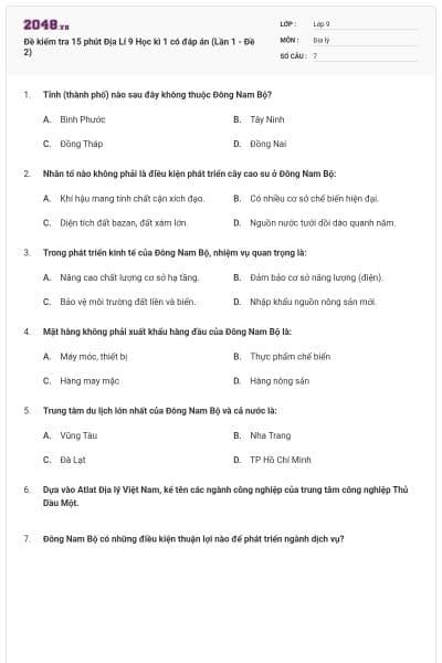 Đề kiểm tra 15 phút Địa Lí 9 Học kì 1 có đáp án (Lần 1 - Đề 2)