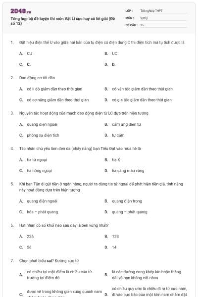 Tổng hợp bộ đề luyện thi môn Vật Lí cực hay có lời giải (Đề số 12)