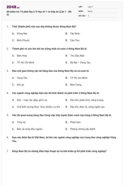 Đề kiểm tra 15 phút Địa Lí 9 Học kì 1 có đáp án (Lần 1 - Đề 3)