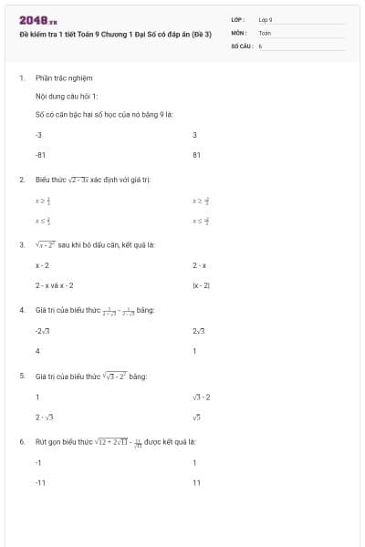 Đề kiểm tra 1 tiết Toán 9 Chương 1 Đại Số có đáp án (Đề 3)