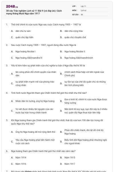38 câu  Trắc nghiệm Lịch sử 11 Bài 9 (có đáp án): Cách mạng tháng Mười Nga năm 1917