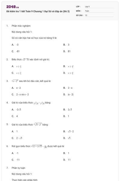 Đề kiểm tra 1 tiết Toán 9 Chương 1 Đại Số có đáp án (Đề 3)