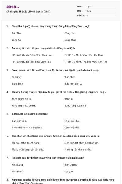 Đề thi giữa kì 2 Địa Lí 9 có đáp án (Đề 1)
