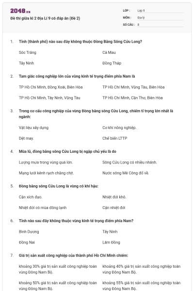 Đề thi giữa kì 2 Địa Lí 9 có đáp án (Đề 2)