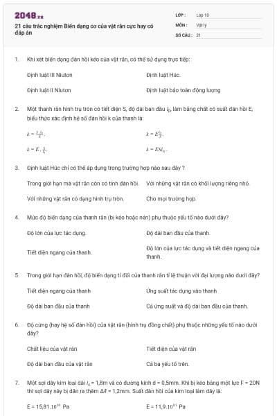 21 câu trắc nghiệm Biến dạng cơ của vật rắn cực hay có đáp án