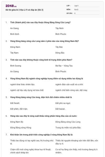 Đề thi giữa kì 2 Địa Lí 9 có đáp án (Đề 3)