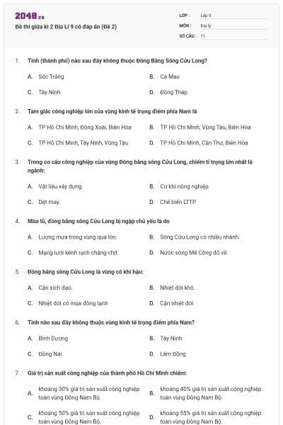Đề thi giữa kì 2 Địa Lí 9 có đáp án (Đề 2)