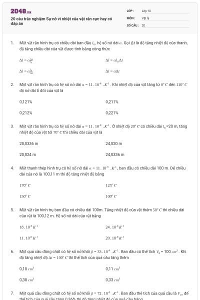 20 câu trắc nghiệm Sự nở vì nhiệt của vật rắn cực hay có đáp án