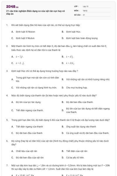 21 câu trắc nghiệm Biến dạng cơ của vật rắn cực hay có đáp án