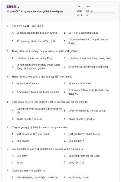 20 câu hỏi Trắc nghiệm Xác định giới tính có đáp án