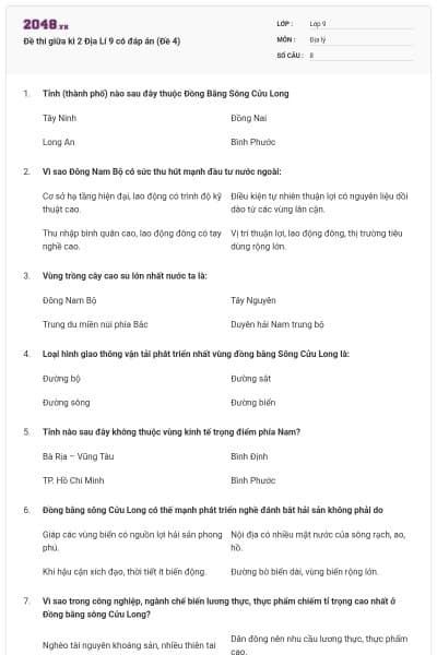 Đề thi giữa kì 2 Địa Lí 9 có đáp án (Đề 4)
