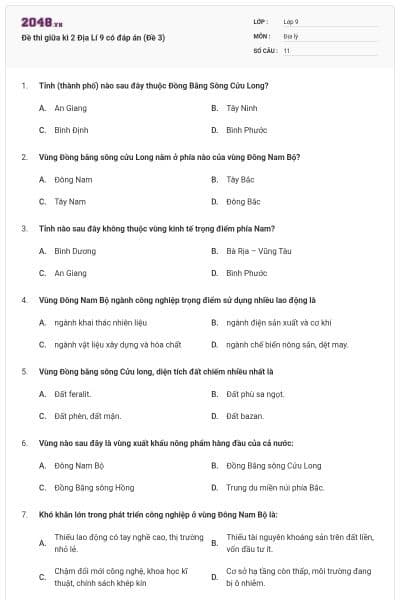 Đề thi giữa kì 2 Địa Lí 9 có đáp án (Đề 3)