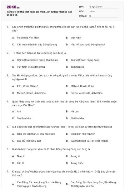 Tổng đề thi thử thpt quốc gia môn Lịch sử hay nhất có đáp án (đề 15)