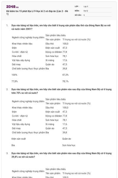 Đề kiểm tra 15 phút Địa Lí 9 Học kì 2 có đáp án (Lần 2 - Đề 1)