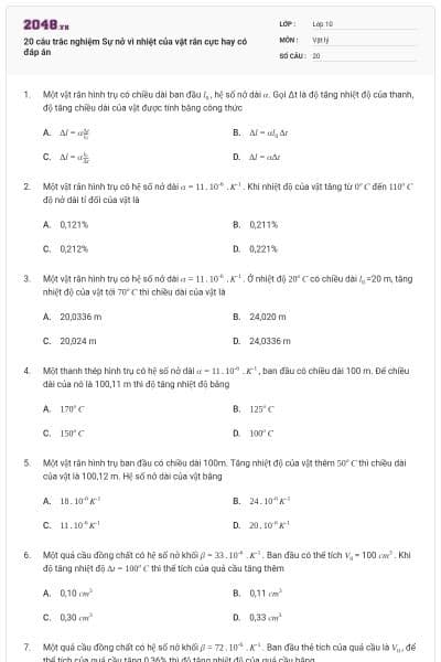 20 câu trắc nghiệm Sự nở vì nhiệt của vật rắn cực hay có đáp án