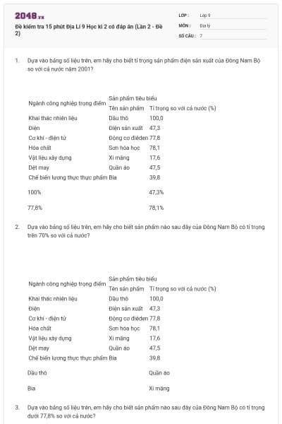 Đề kiểm tra 15 phút Địa Lí 9 Học kì 2 có đáp án (Lần 2 - Đề 2)