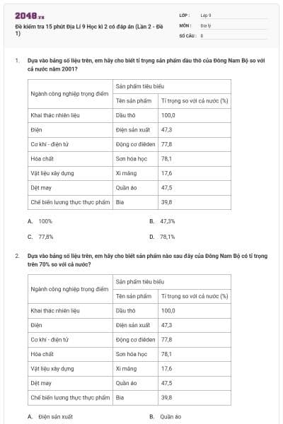 Đề kiểm tra 15 phút Địa Lí 9 Học kì 2 có đáp án (Lần 2 - Đề 1)