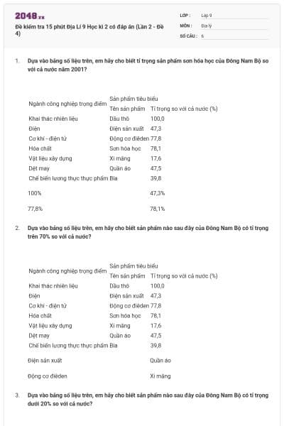 Đề kiểm tra 15 phút Địa Lí 9 Học kì 2 có đáp án (Lần 2 - Đề 4)