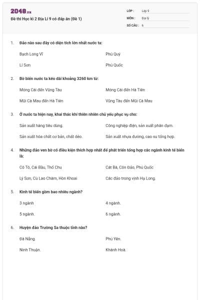 Đề thi Học kì 2 Địa Lí 9 có đáp án (Đề 1)