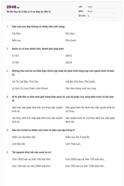 Đề thi Học kì 2 Địa Lí 9 có đáp án (Đề 2)