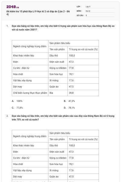 Đề kiểm tra 15 phút Địa Lí 9 Học kì 2 có đáp án (Lần 2 - Đề 4)