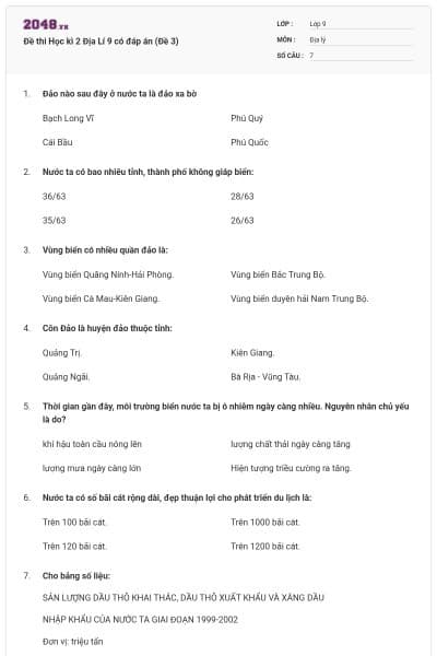 Đề thi Học kì 2 Địa Lí 9 có đáp án (Đề 3)