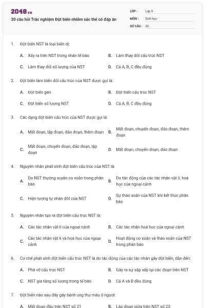 30 câu hỏi Trắc nghiệm Đột biến nhiễm sắc thể có đáp án