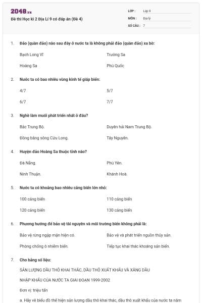 Đề thi Học kì 2 Địa Lí 9 có đáp án (Đề 4)