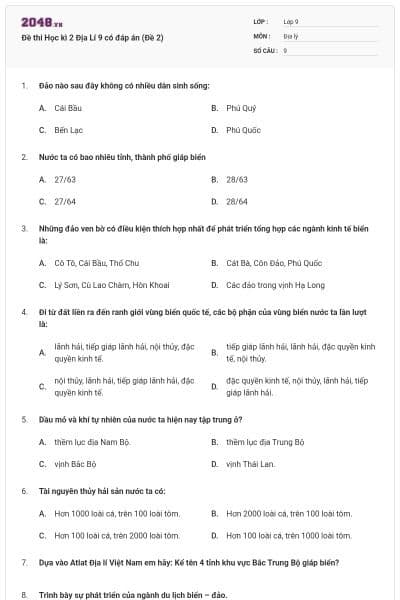 Đề thi Học kì 2 Địa Lí 9 có đáp án (Đề 2)
