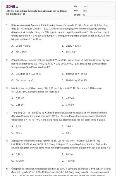 433 Bài trắc nghiệm Lượng tử ánh sáng cực hay có lời giải chi tiết (đề số 10)