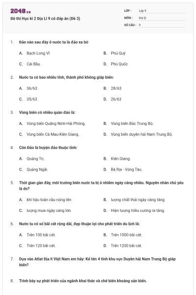 Đề thi Học kì 2 Địa Lí 9 có đáp án (Đề 3)