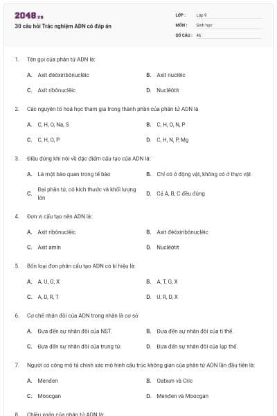 30 câu hỏi Trắc nghiệm ADN có đáp án