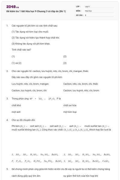 Đề kiểm tra 1 tiết Hóa học 9 Chương 3 có đáp án (Đề 1)