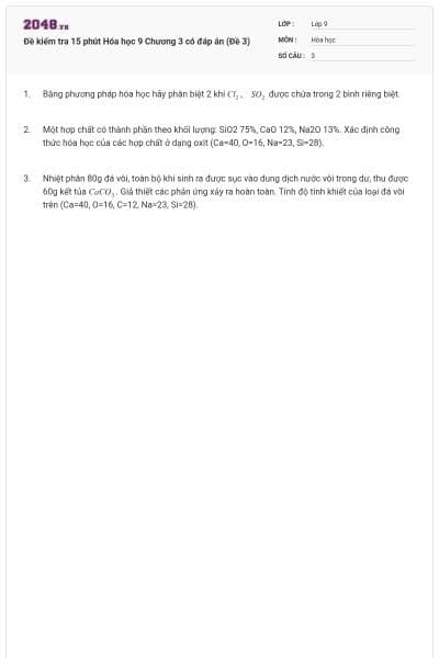 Đề kiểm tra 15 phút Hóa học 9 Chương 3 có đáp án (Đề 3)