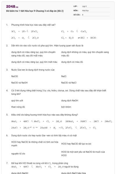 Đề kiểm tra 1 tiết Hóa học 9 Chương 3 có đáp án (Đề 2)
