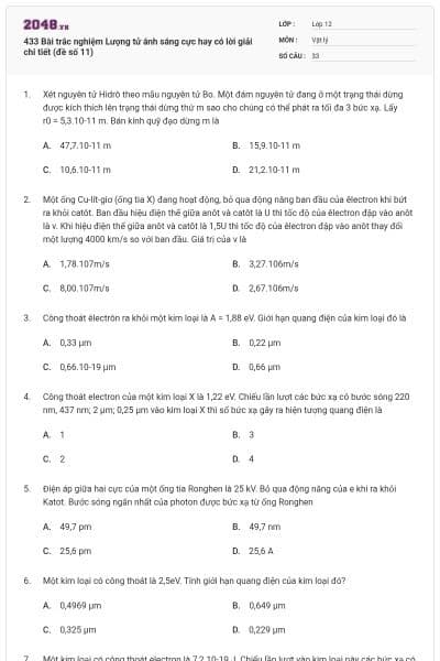 433 Bài trắc nghiệm Lượng tử ánh sáng cực hay có lời giải chi tiết (đề số 11)