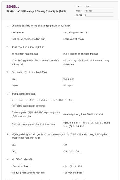 Đề kiểm tra 1 tiết Hóa học 9 Chương 3 có đáp án (Đề 3)